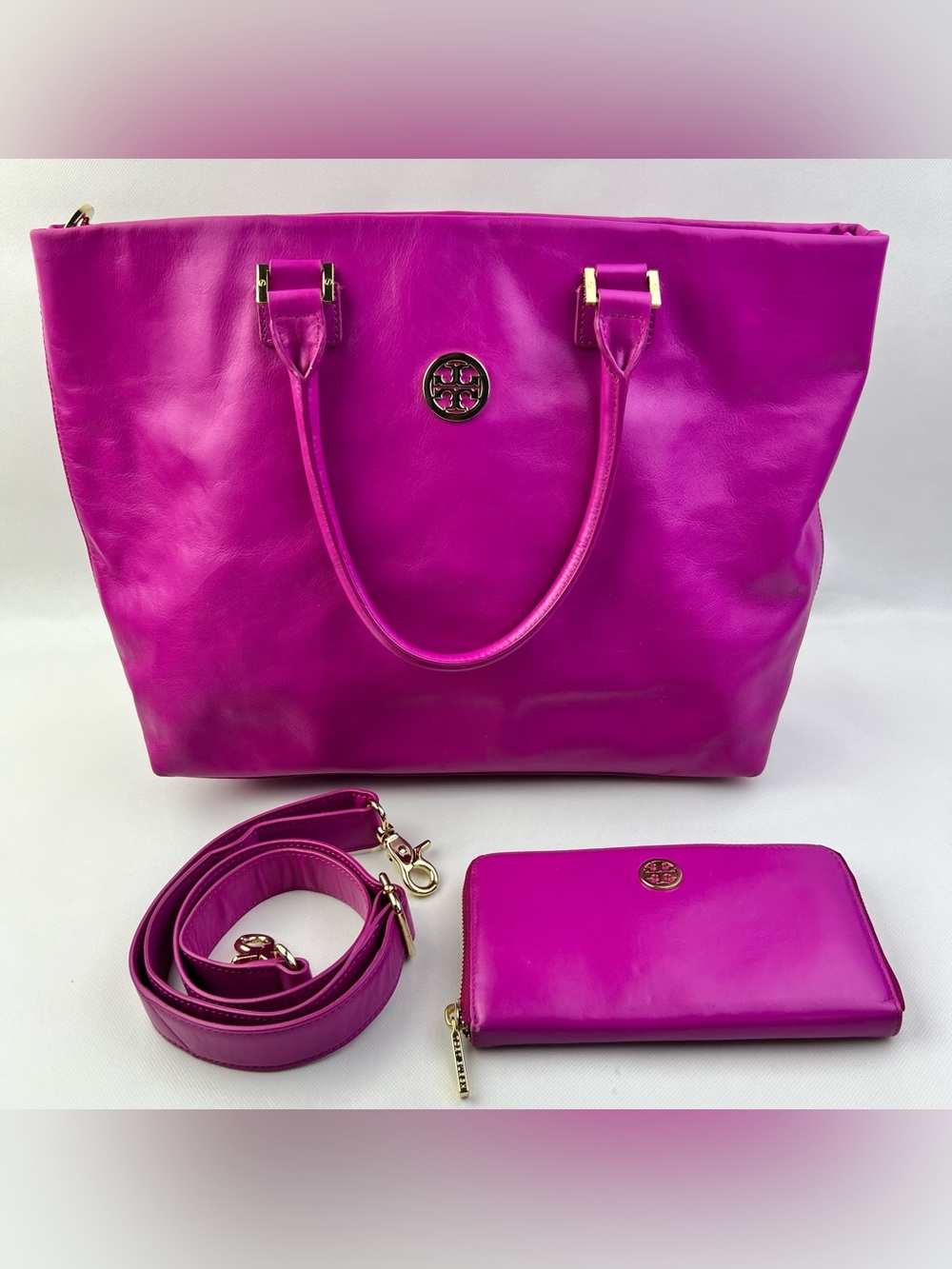 Tory Burch Magenta Wallet & Dena Tote Crossbody Shoulder Bag